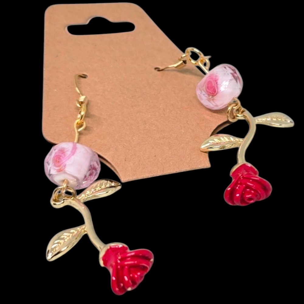 Gold and Red Rose Drop Earrings